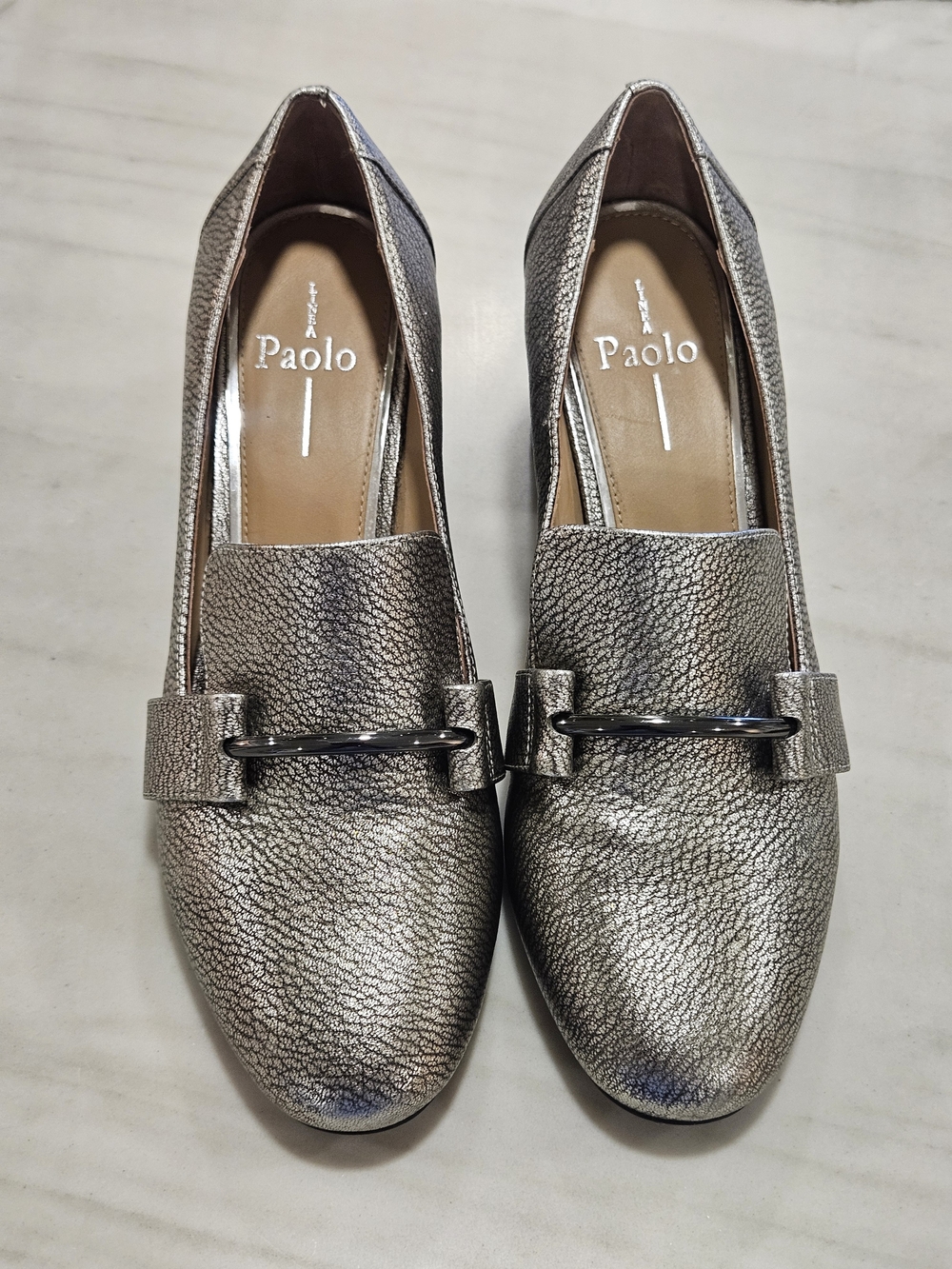 Linea Paolo Metallic Silver Block Heel Loafer Pumps Sz 8.5